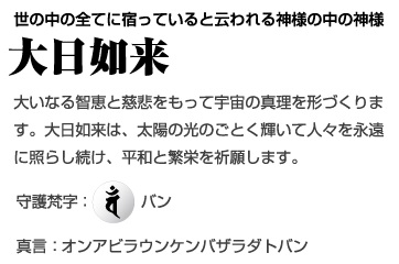 世の中の全てに宿っていると云われる神様の中の神様[大日如来] 大いなる智恵と慈悲をもって宇宙の真理を形づくります。大日如来は、太陽の光のごとく輝いて人々を永遠に照らし続け、平和と繁栄を祈願します。守護梵字：バン、真言：オンアビラウンケンバザラダトバン